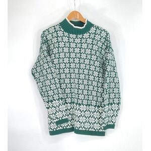 Vintage GAP Men Sweater Size M Mock Neck Green Snowflake Fair Isle Cotton Preppy